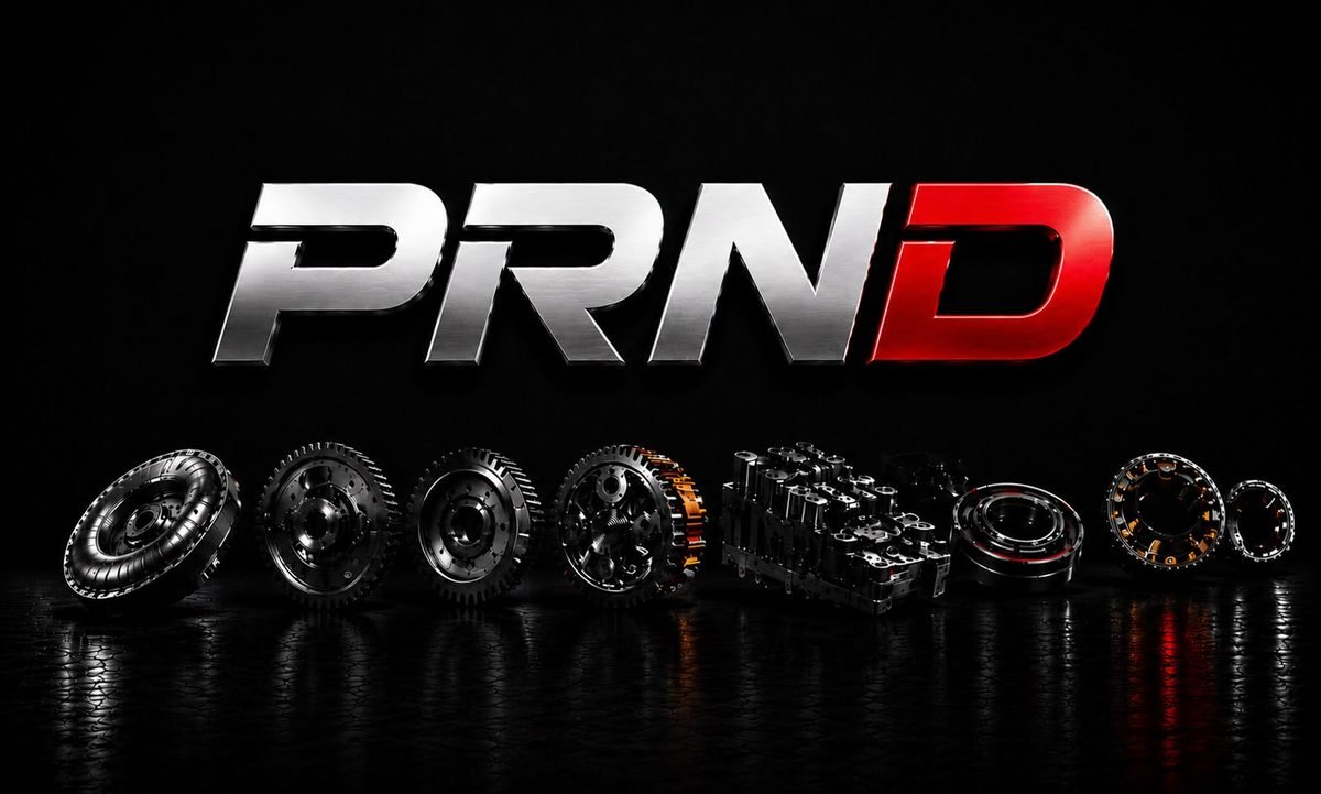 PRND logosu ve otomatik şanzıman parçaları: tork konvertörü, dişliler, valf gövdesi, rulmanlar